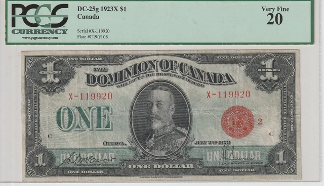 Canada  Dominion 1 Dollar Banknote 1923 Very Fine-20 PCGS Cat#DC-25-G Red Seal