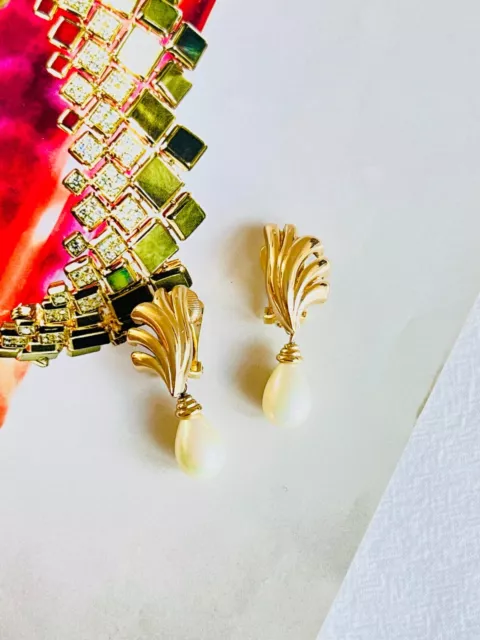 Christian Dior Vintage 1980s Pearl Water Tear Fan Shell Drop Clip, Earrings Gold