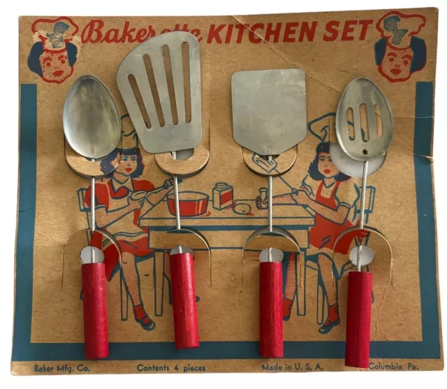 Vintage On Card Bakerette Kitchen Set Toy Nickel Plated Baker Mfg Co USA 4 Piece