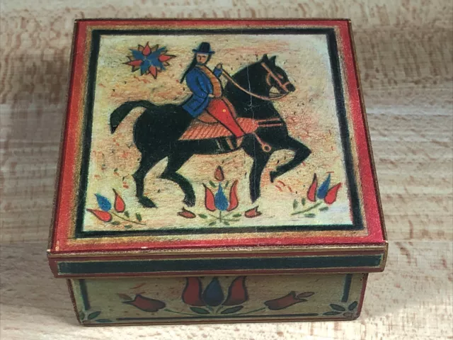 Vintage Black Horse Rider Flower Wooden Hand Painted Trinket Jewelry Box Decor