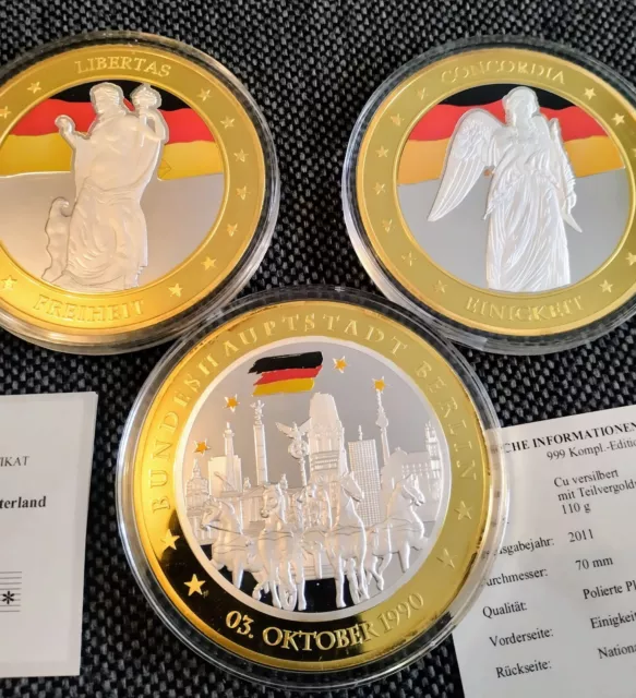 3x Gigant Medaille 70mm  PP Nationalhymne Aufl.999x, Cu versilb.+vergold. rar