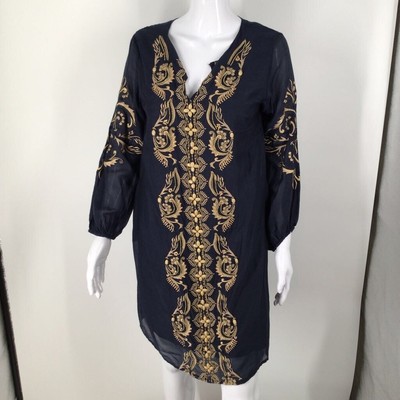 KAS New York Womens Tunic Dress Blue Floral Embellished Notch Neck Long Sleeve M