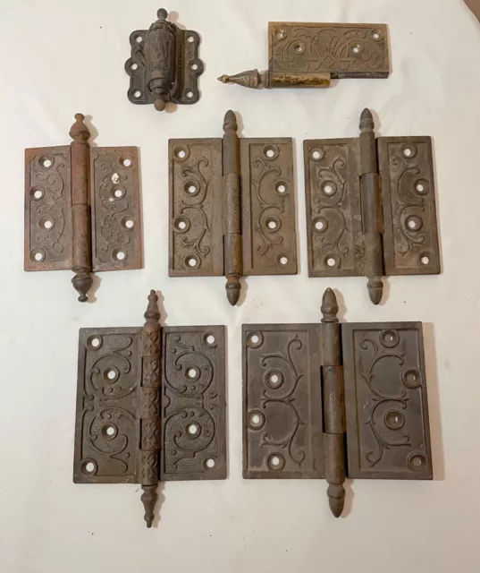7 antique 1800's thick cast iron brass ornate door hinges hardware salvage
