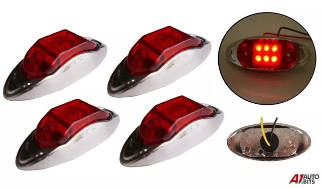 4x 12/24V LED Side Chrome Bezel Marker Red Lights Lamps TRUCK LORRY TRAILER BUS