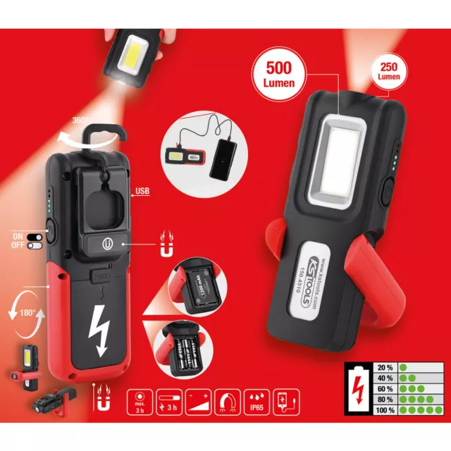 KS TOOLS Mobile Werkstatt-Handlampe, knickbar, 500 Lumen USB Power Bank