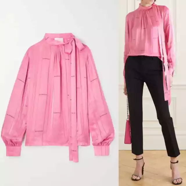 Givenchy Women's Size 6 Pink Pussy Bow Satin Logo Jacquard Blouse NWT $1600 2