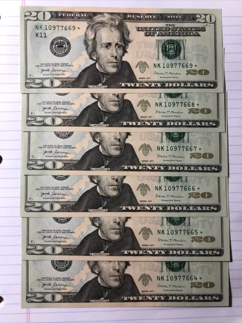 6 In A Row 2017 FEDERAL RESERVE STAR NOTES LOW SERIAL NUMBER CRISP BILL RARE!!!