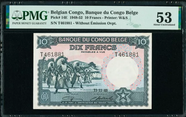 Belgian Congo 10 Francs 11.11.1948 Pick-14E About UNC PMG 53