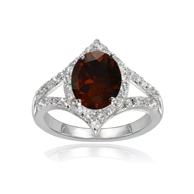 Sterling Silver Garnet and White Topaz Oval Fashion Split Shank Ring, Size 8