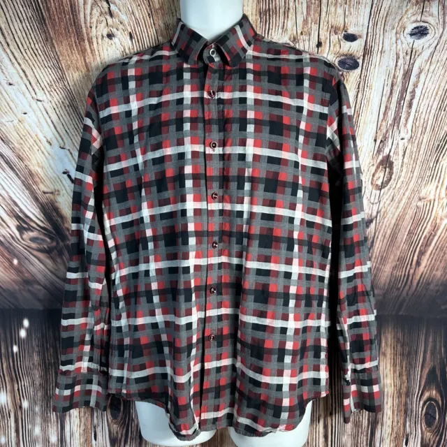 Robert Graham CLASSIC FIT Mens Medium Red Black Check Flip Cuff Dress Shirt