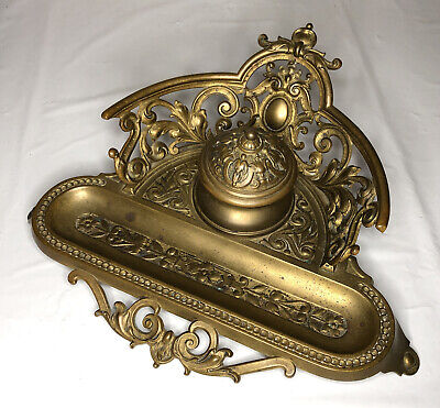 Antique Cast Brass Inkwell And Pen Holder Ornate Art Nouveau