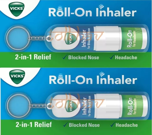 2 X Vicks Roll-On Inhaler 2-In-1 Relief : pour les maux de tête et le nez...