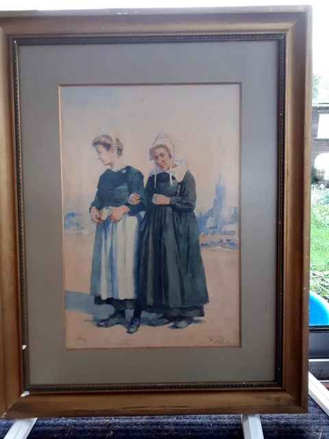 Aquarelle sur papier XIXe signée représentant une femme en c