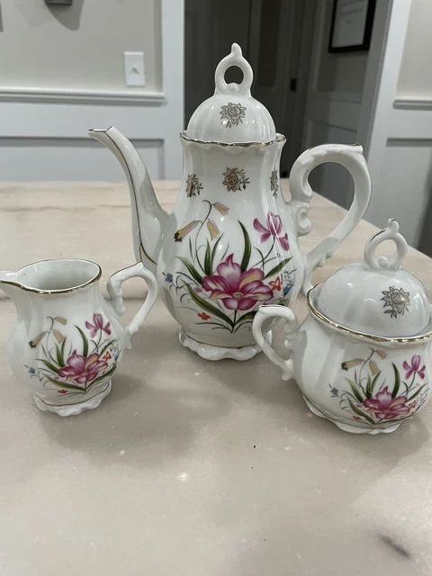 Japanese musical porcelain teapot cream and sugar bowl