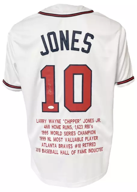 Atlanta Braves Chipper Jones Autographed Pro Style White Stat Jersey JSA Auth...