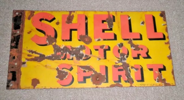 ORIGINAL VINT SHELL MOTOR SPIRIT DBLE SIDED ENAMEL ADVERTISING SIGN 60.5x30.5cm