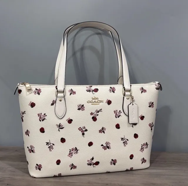 COACH CU271 Gallery Tote With Ladybug Floral Print Signature Canvas &Leather Bag