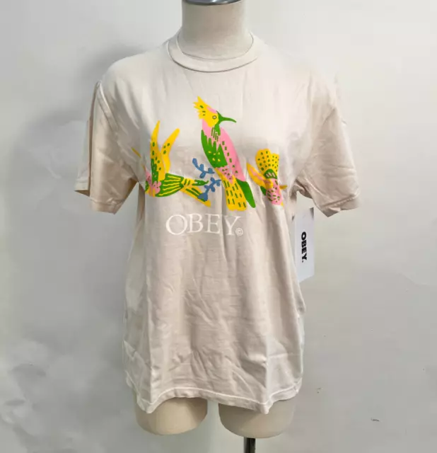 Obey Women's Pigment Box T-Shirt Bird Flock Cream Size S NWT Shepard Fairey