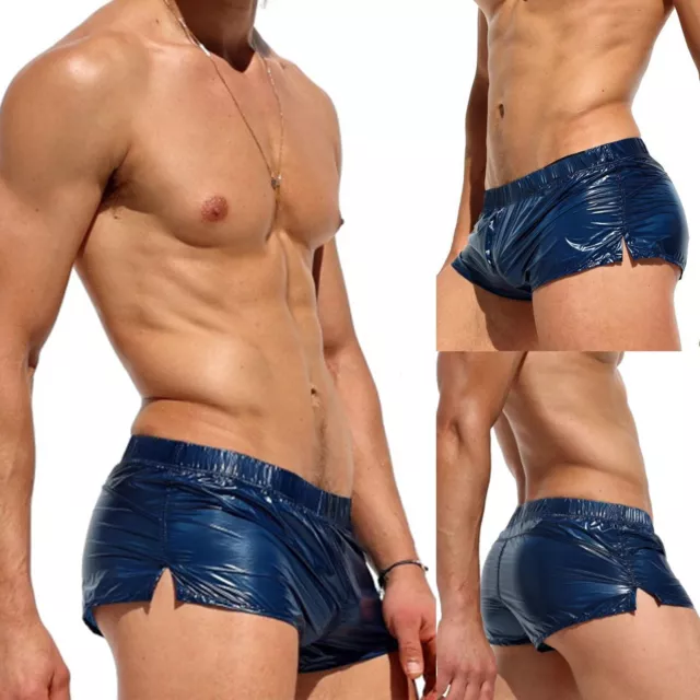 Mens Shiny Leather Boxer Shorts Swimming Trunks Boxer Briefs Nightclub Underwear
