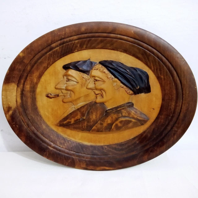 Vintage Wooden Plate Plaque Hand Carved Wall Hanging French Art Farmer & Wife 9" 2