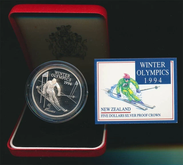New Zealand: 1994 $5 Winter Olympics Large Proof Silver , Cat $50
