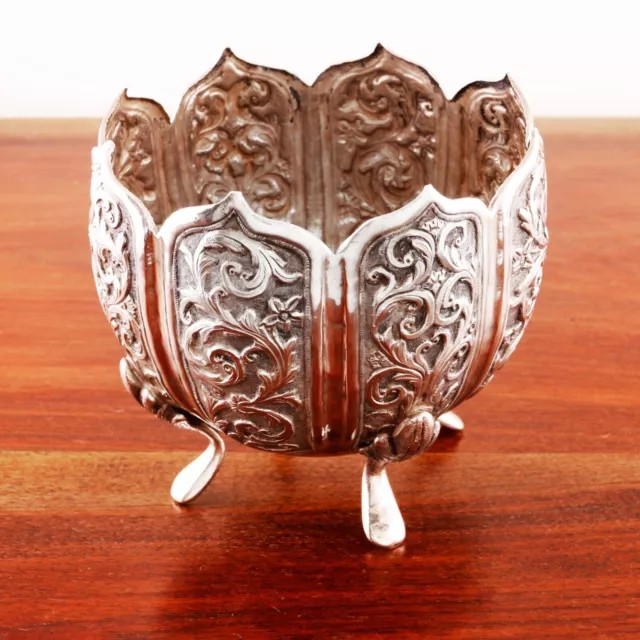 Heavy Asian Silver Footed Center Bowl Handwrought High Relief Scroll,Florals