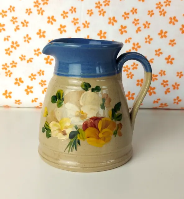 Vintage Stoneware Hand Painted Floral Studio Pottery Jug Small Pitcher 9.5cms