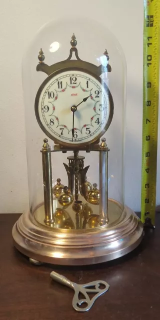 1951 Vintage Working Kundo Germany Brass Anniversary Clock with Glass Dome key