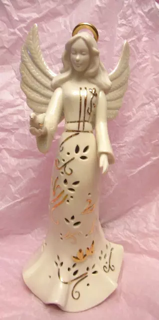 LENOX Guardian Angel Lit Figurine Cream & Gold Porcelain Peace Lights Up w/ Bird