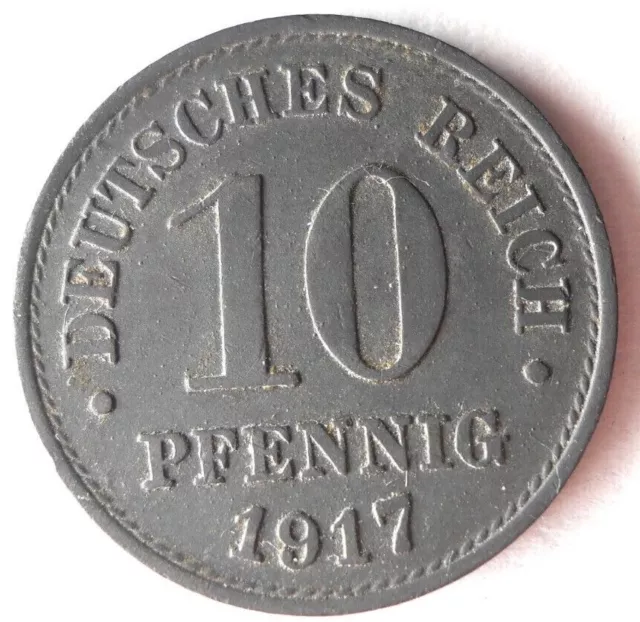 1917 GERMAN EMPIRE 10 PFENNIG - Excellent Vintage Coin - FREE SHIP - Bin #341