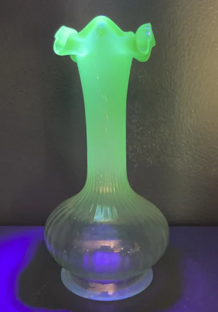 Uranium Glass Ruffled Top Bud Vase 6.75”Depression Glass Hand Blown Swirled Ribs 3