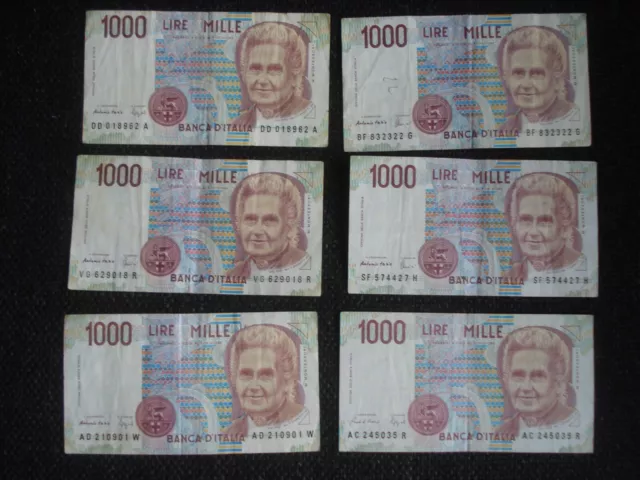 6 x 1000 Lire Banknotes Italy 1990 Maria Montessori Physician (Lot 1)