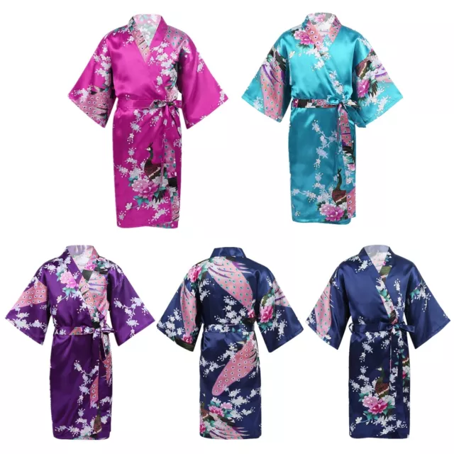 Fille Peignoir Pyjama de Chambre Kimono Robe Chemise de Nuit Paon Floral Imprimé 3