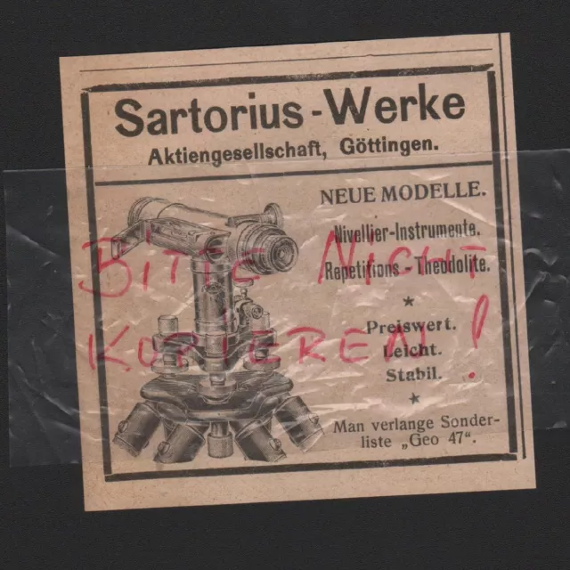 GÖTTINGEN, Werbung 1922, Sartorius-Werke AG Nivellier-Instrumente