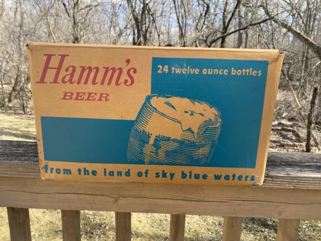 Vtg 1961 Hamms Beer Cardboard Case Box 24 12 Ounce Bottles Sky Blue Water