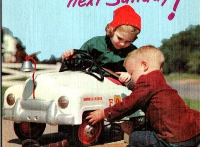 Boy Fixing Toy Riding Fire Truck Car Go To Church c1950s linen postcard P21