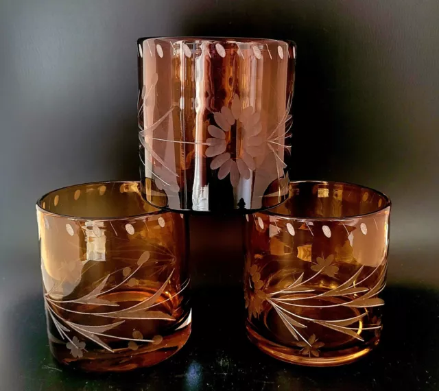 BOBBY FLAY Amber Floral Etched Rocks Glasses Set Of 3