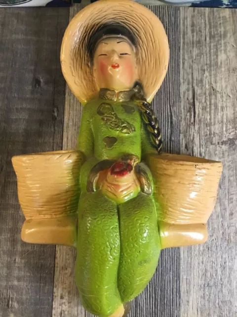 Asian Girl 1950's Wall Pocket Vintage Pottery Lady Sconce Candle Holder Airplant