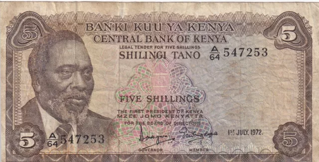 Billet de banque banknote KENYA 5 SHILLINGS 1972 état voir scan