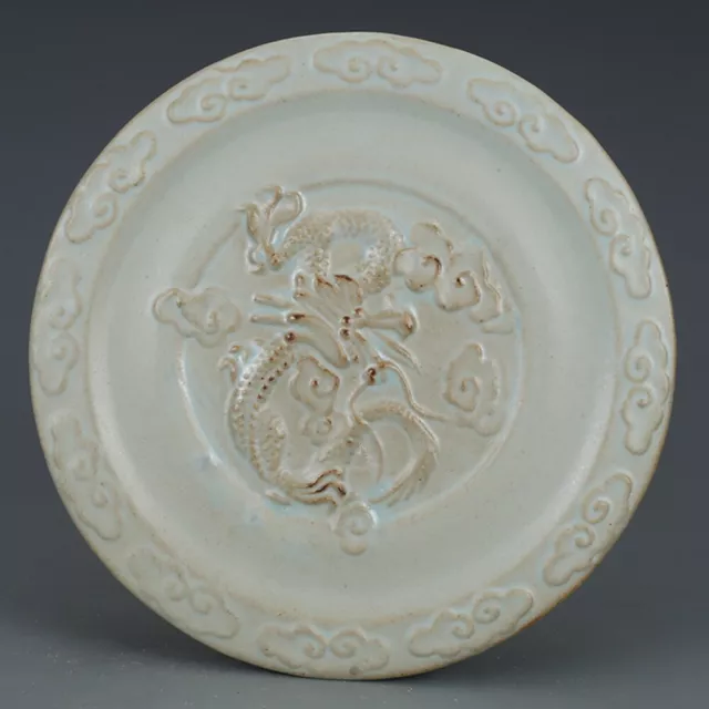 Chinese old Song Ruyao Celadon glaze Porcelain Handcarved Dragon  TeaPlate