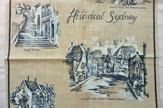 Toalla de té de lino vintage sin usar de Sydney histórica 3