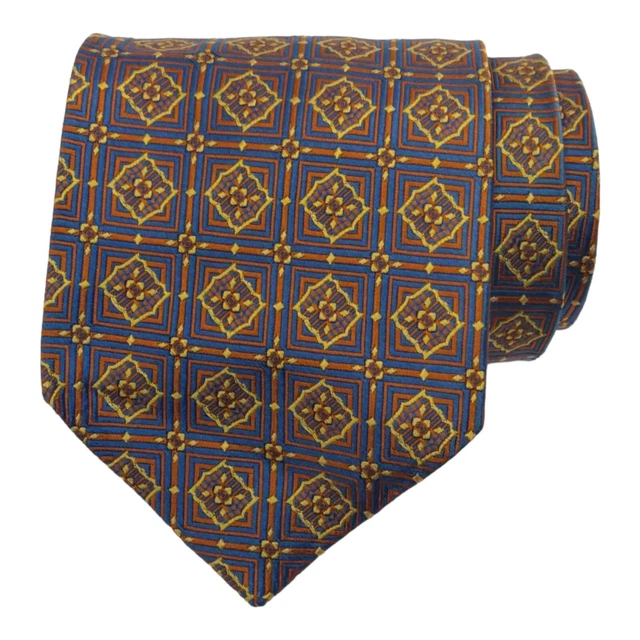 Jos A Bank SIGNATURE Mens Tie 100% Silk Blue Brown Beige Geometric Necktie ITALY