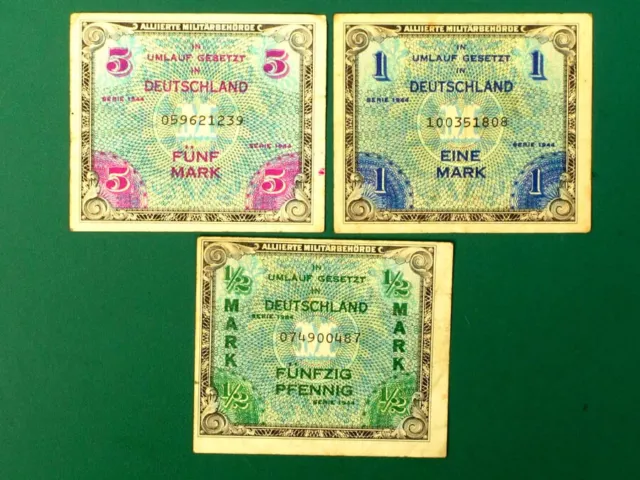 German Mark 3 Banknotes Set 1944 WW2 5, 1; & 1/2 Mark Allied Military Currency F