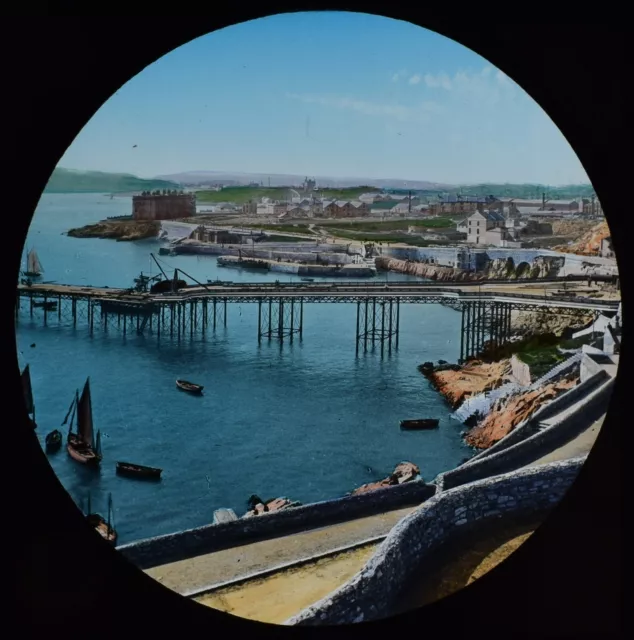 HAND PAINTED Magic Lantern Slide PLYMOUTH FROM THE HOE C1889 PHOTO DEVON PIER