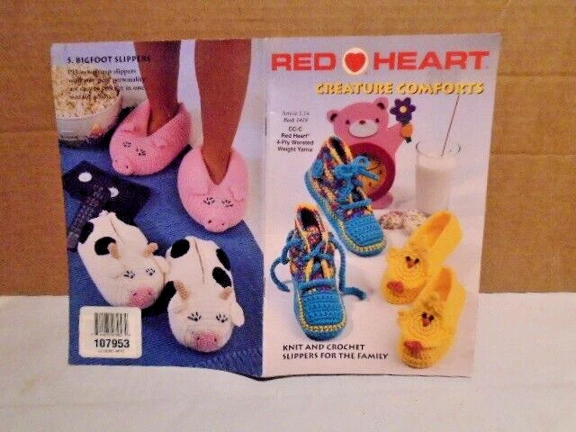 CREATURE COMFORTS knit crochet slippers pig cow pattern booklet red heart 1996