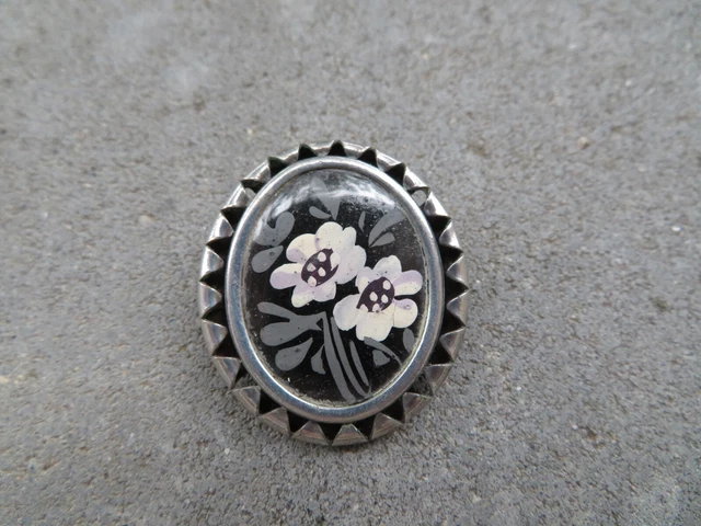 Broche Bouquet De Fleurs Peinte à La Main Signée IL - Métal Argenté Terni, état D'occasion