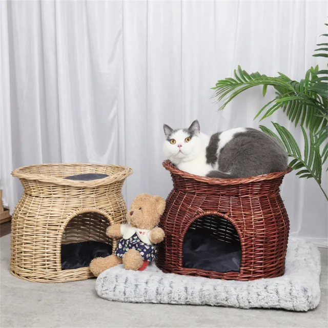 Wicker Cat House Pet Bed Elevated Rattan Kitten Basket Cozy Cave w/ Soft Cushion