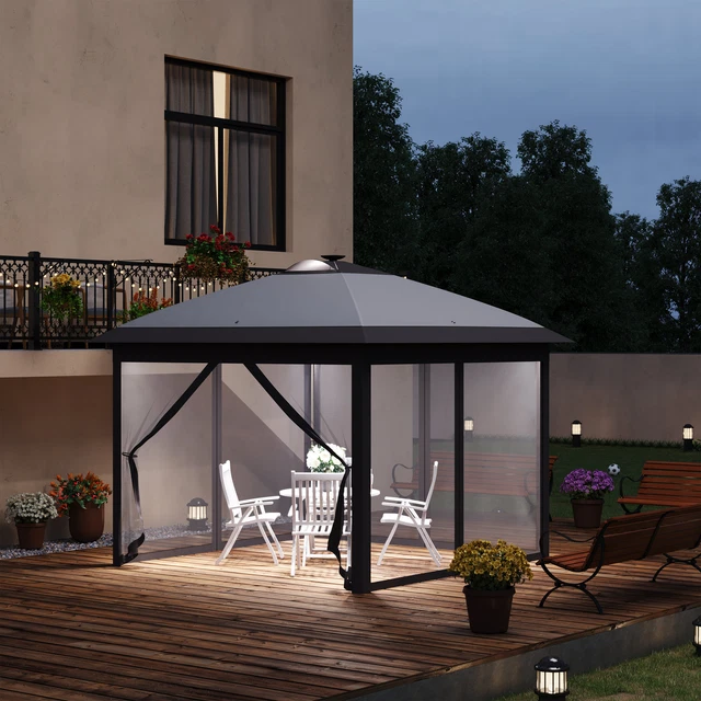 Outsunny Pavillon Faltpavillon mit Solar LED USB 3,3x3,3m Gartenpavillon Grau