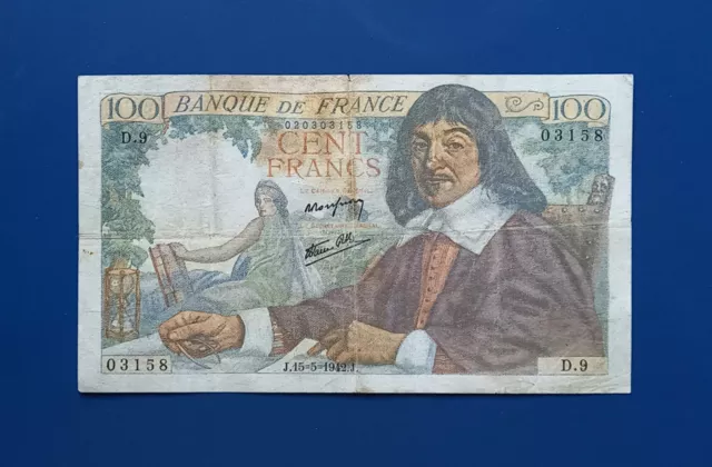 Billet Français  100 Francs Descartes  1942  Assez rare