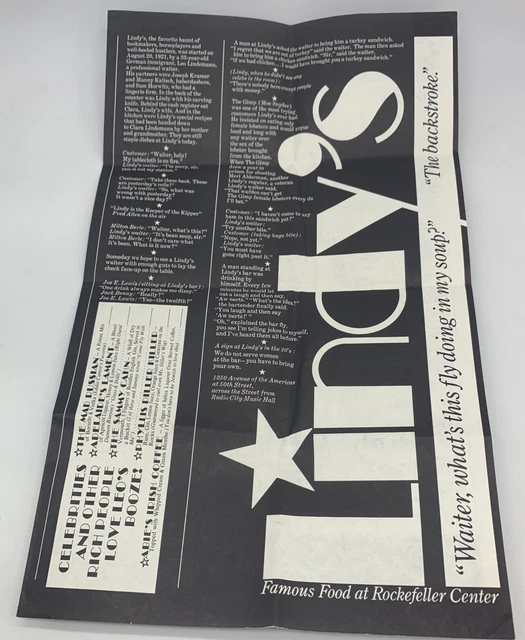 VINTAGE FAMOUS LINDY'S Restaurant Menu Rockefeller Center New York City